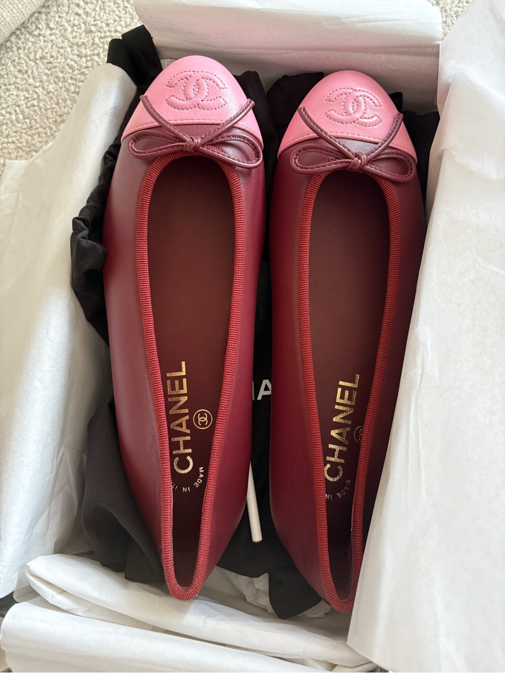 CHANEL by Matthieu Blazy Two Tone Leather Ballet Flats in Burgundy and Pink 37.5